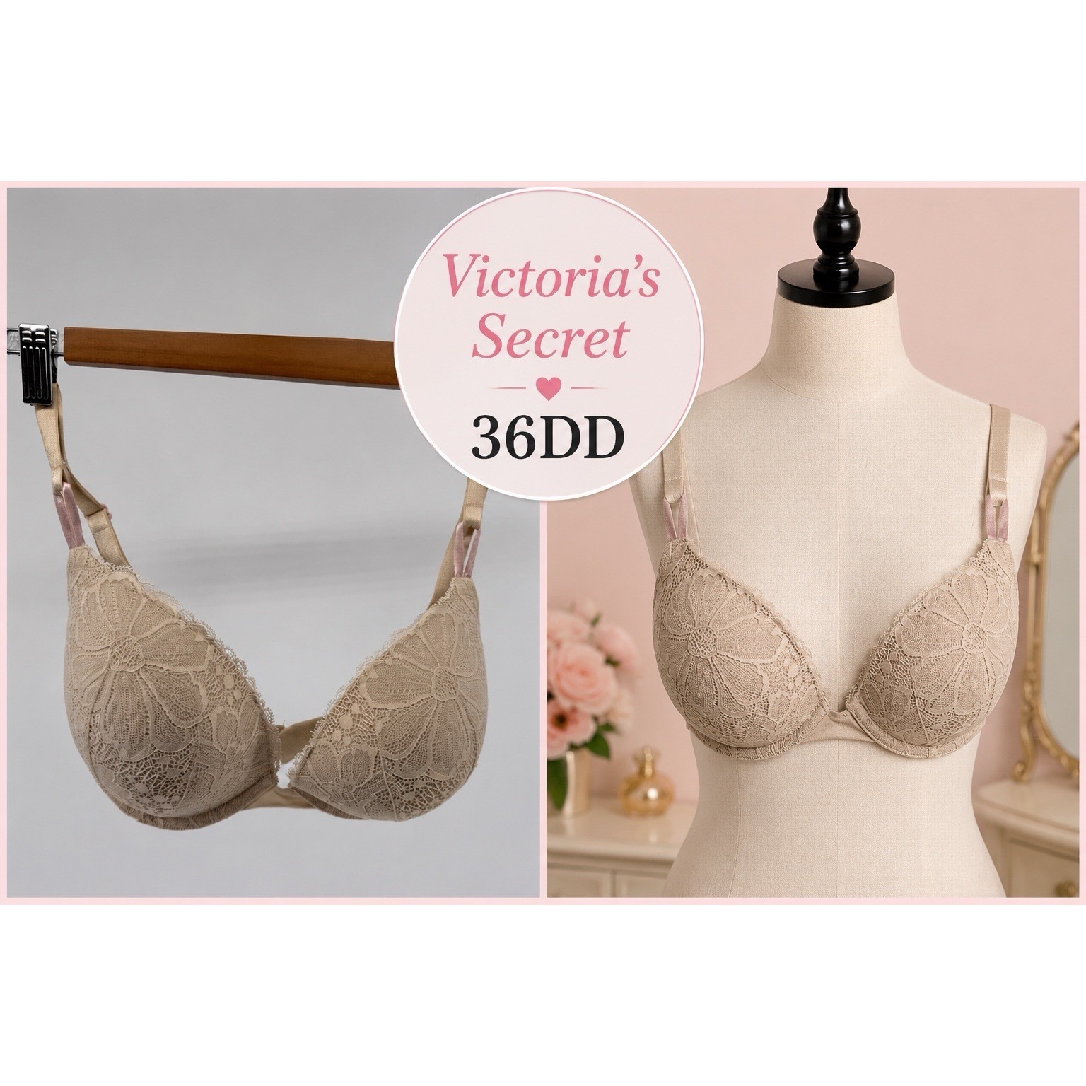 Victoria's Secret Push-Up Bra 36dd Beige Nude Floral Lace Romantic Lingerie Cute